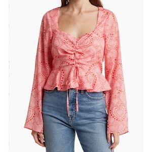 BCBGeneration Heart Print Top Womens Small‎ Pink NWT Ruched Peplum Bell Sleeve